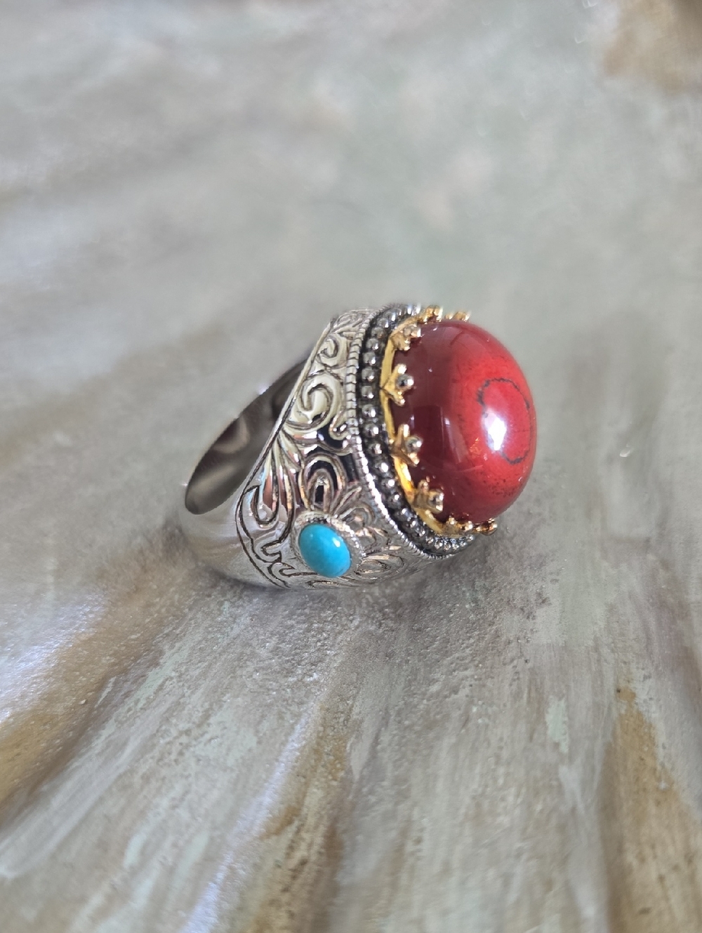 Ross-Simons Red Coral and Turquoise Statement Ring